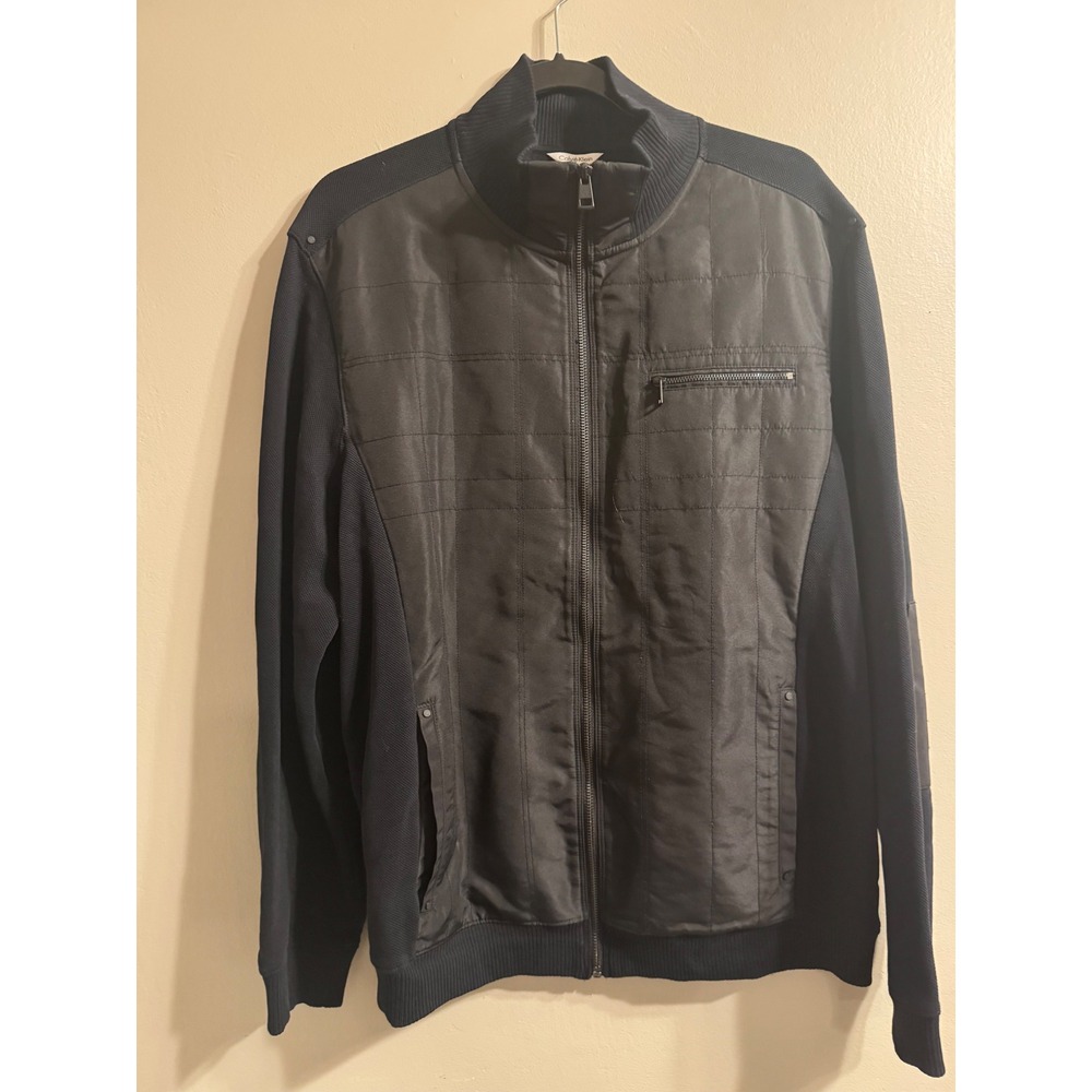 Calvin Klein Mens Navy Blue Quilted Full Zip Jacket Rib Knit Mock Neck Coat
